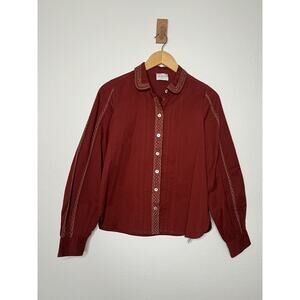 NWOT Wrap London Embroidered Blouse Cotton Twill Button Up Maroon Size 2